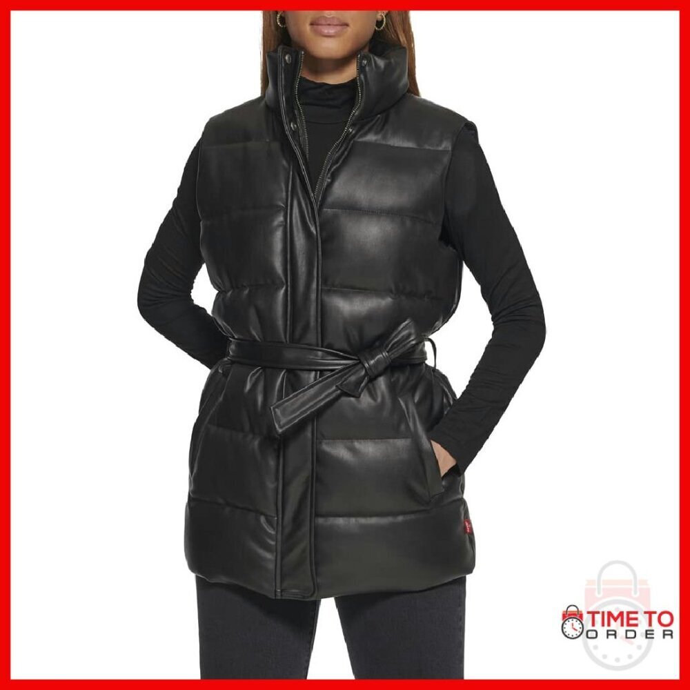 Vegan Leather Puffer Vest with Removable Belt, Size Available